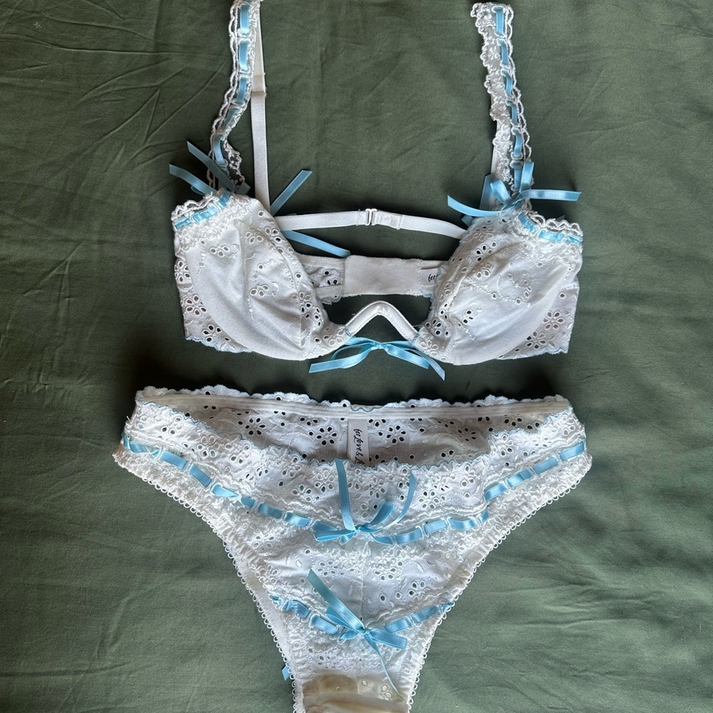 For Love & Lemons White Eyelet Bra with Pale Blue Ribbon